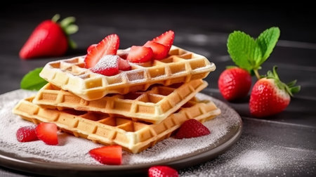 Belgian waffles with strawberries and mint on a black background.の素材