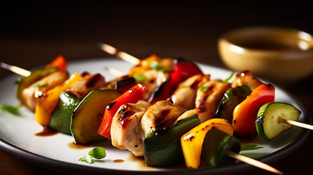 Chicken kebab with vegetables on skewers on a dark backgroundの素材