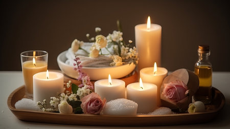 Spa still life with candles, flowers and salt on a wooden trayの素材