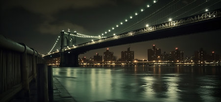 Panoramic view of Brooklyn Bridge at night, New York Cityの素材
