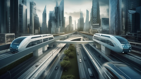 High-speed train on the road in the city. 3d renderingの素材