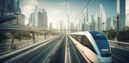 High-speed train in the city. Concept of speed and motion.の素材