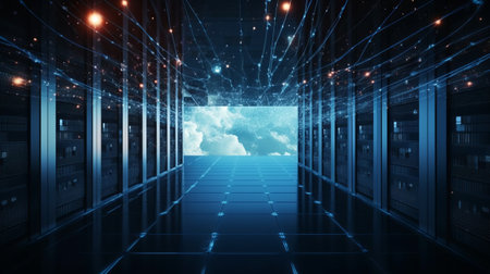 Server room data center hallway 3D rendering toned image double exposureの素材
