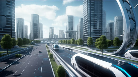 modern cityscape with road and fast moving cars, 3d renderの素材