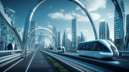 Highway with modern city in the background. 3d rendering.の素材