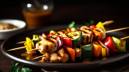 grilled chicken skewers with vegetables on a dark background. selective focusの素材