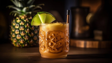 Pineapple juice cocktail with lime and ice on the wooden tableの素材