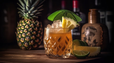 Cocktail with pineapple, lime and ice on a wooden tableの素材