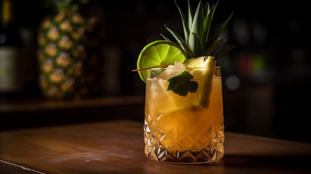 Cocktail with pineapple and ice in a glass on the barの素材