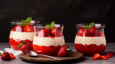 Strawberry Panna Cotta in a glass with mint and strawberriesの素材