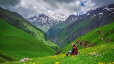 Woman sitting on green meadow and looking at snowy mountains in cloudy day.の素材