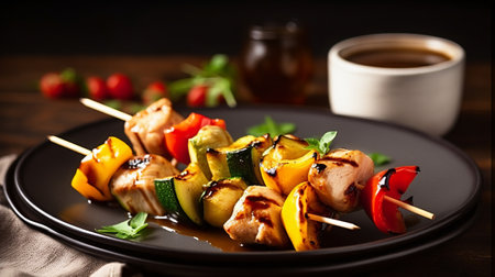 Skewers of grilled vegetables on skewers on a black plateの素材