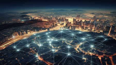 Global communication network and internet of things (IOT) over cityscapeの素材