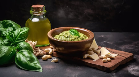 Pesto sauce in a wooden bowl with ingredients on a dark backgroundの素材