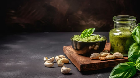 Pesto sauce in a glass jar and ingredients on a dark backgroundの素材