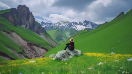 Woman sitting on a rock in the meadow with flowers and mountains in the backgroundの素材