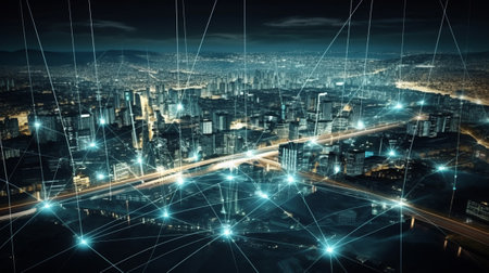Global network connection over cityscape and expressway. 3D renderingの素材