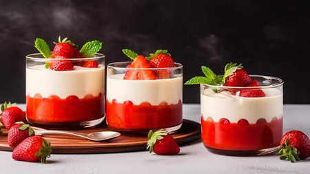 Strawberry panna cotta dessert with cream and fresh strawberriesの素材