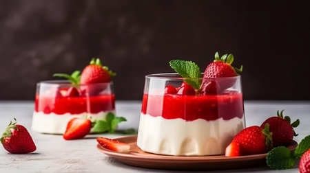 Strawberry panna cotta in a glass, selective focus.の素材