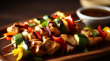 Grilled chicken kebabs with vegetables on wooden skewers.の素材
