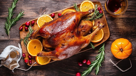 Christmas roasted turkey with orange, cranberry and rosemary on wooden backgroundの素材