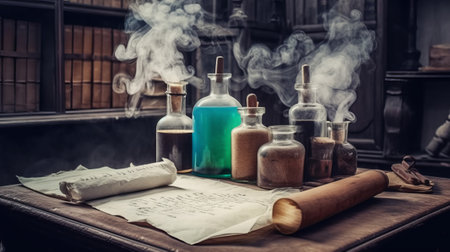 Vintage still life with old books and magic potion. Witchcraft concept.の素材