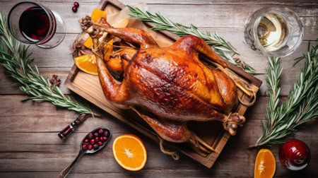 Baked turkey or chicken with rosemary and orange on wooden backgroundの素材