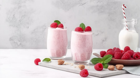 Raspberry milkshake with fresh raspberries and mint in glass jars on light background.の素材