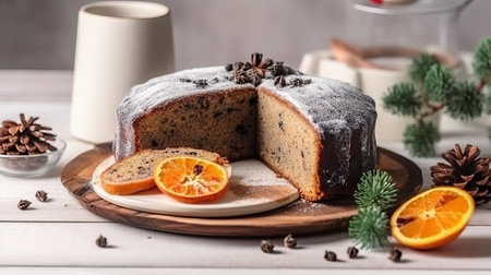 Christmas cake with tangerines and spices on a white wooden backgroundの素材