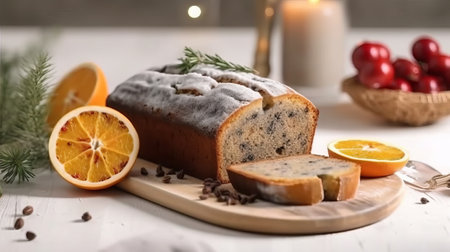Christmas cake with poppy seeds on a white wooden background. selective focus.の素材
