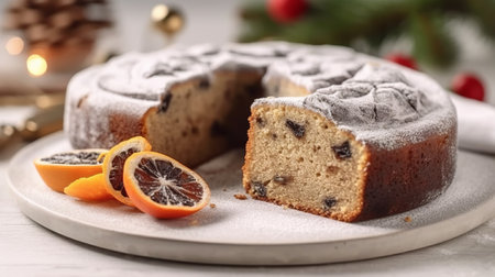 Christmas cake with raisins and icing sugar on a white backgroundの素材