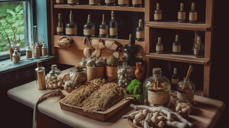 Spices and herbs in a rustic kitchen. Vintage style.の素材