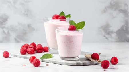 Raspberry milkshake in a glass with fresh raspberries on a light background.の素材