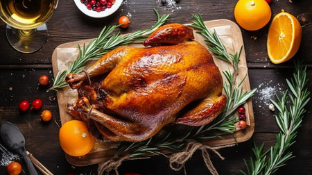 Baked turkey or chicken with rosemary and spices on wooden backgroundの素材
