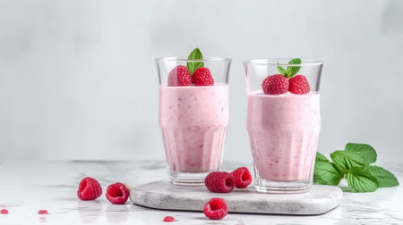 Raspberry milkshake in glasses with fresh raspberries and mint on white marble tableの素材