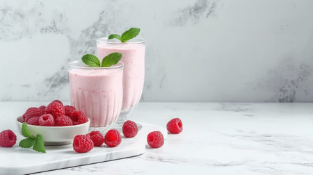 Glasses with tasty raspberry smoothie on white table, space for textの素材