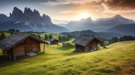 Fantastic summer landscape. Mountain meadow with wooden huts.の素材