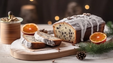 Christmas cake with raisins and chocolate chips on a wooden backgroundの素材