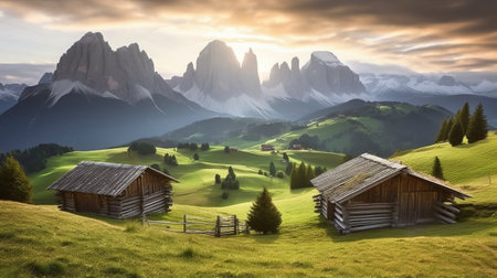 Beautiful alpine landscape with wooden huts in the Dolomitesの素材