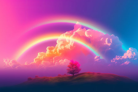 Rainbow and tree on the hill,3d rendering. Computer digital drawing.の素材