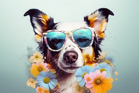 Funny dog with sunglasses and flowers. Portrait of australian shepherdの素材