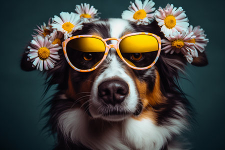 Portrait of a cute australian shepherd dog wearing sunglasses with daisiesの素材
