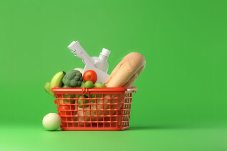Shopping basket with healthy food on color background. Dieting conceptの素材