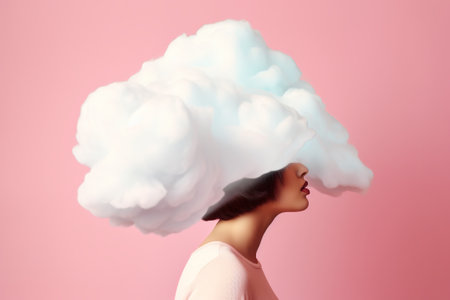 Young woman with cloud instead of head. Mental health concept. 3D Renderingの素材