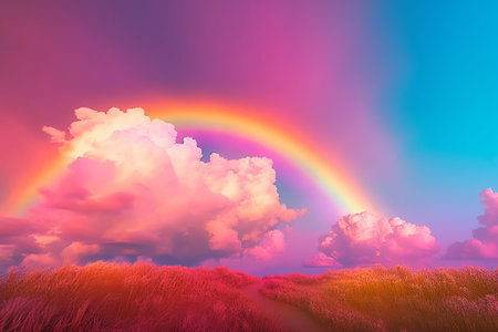Rainbow in the sky over the meadow. 3d renderの素材