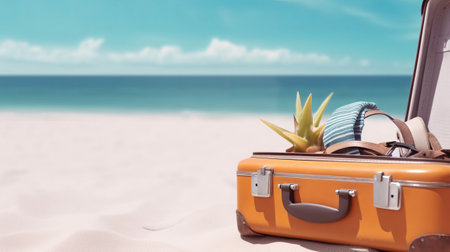 Suitcase with travel accessories on the beach. Vacation conceptの素材