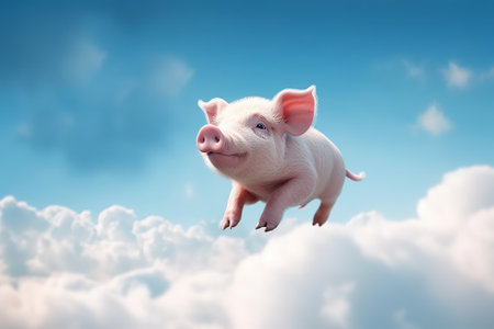 Piglet flying in the blue sky. 3D rendering.の素材