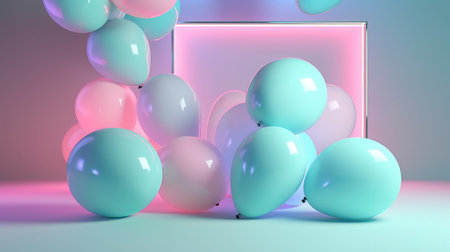 3d rendering of pastel pink and turquoise balloons in a square frameの素材