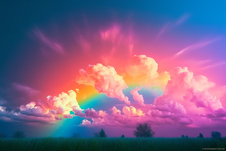 Beautiful nature landscape with rainbow. Sunset sky with clouds and sun.の素材