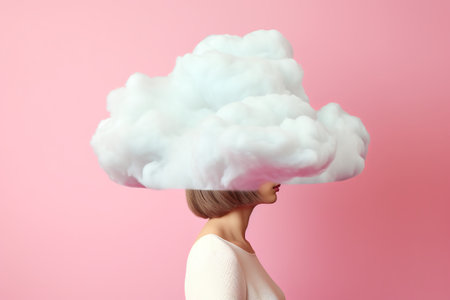 Young woman with cloud instead of head. Cloud computing concept on pink backgroundの素材